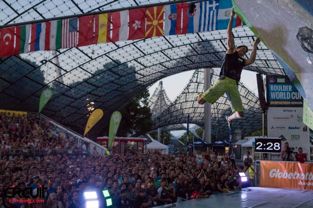 David topping the last final boulder at the Boulder World Cup in Munich 2016 (c) Eddie Fowke