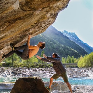 David and Ruben bouldering in Brione in the Verzasca valley of Ticino in Switzerland